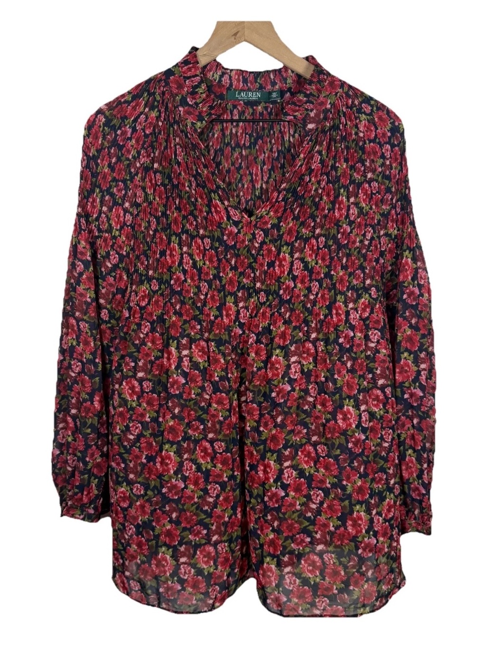 Lauren Ralph Lauren High Neck Semi Sheer Long Sleeve Floral Blouse 1X Fairy